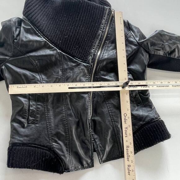 Rebecca Elliot Jacket Womens Small Black Faux Leather Asymmetrical Zip Rib Trim - Picture 5 of 8